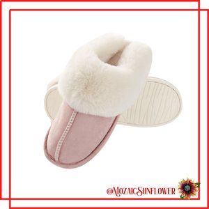 NEW Sueded Slippers Faux Fur Trim & Plush Fleece Memory Foam Flex Rubber Soles